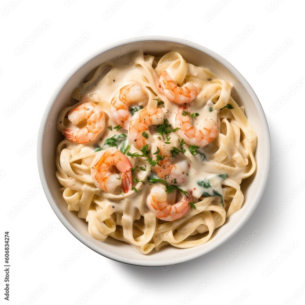 Shrimp Alfredo Pasta isolated on white background. Generative AI Shrimp Alfredo Pasta isolated on white background. Generative AI