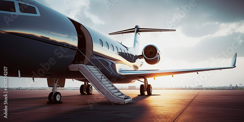 Fotografie, Obraz Close-up of a business jet parked outside. Generative AI