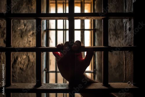 inmate person in jail prison holding bars. generative ai