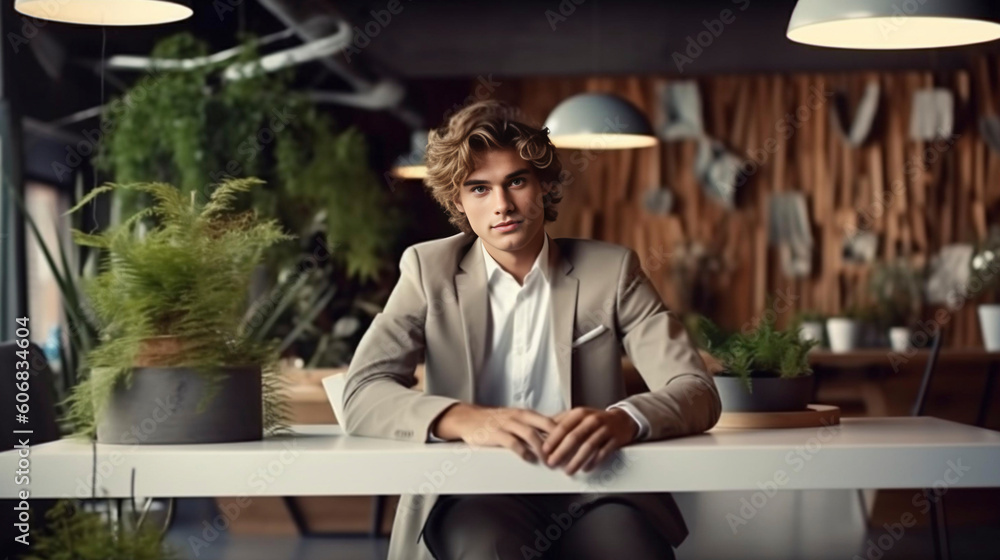 Generative A.I , high quality realistic photo, attractive young man sitting working in an highly modern office, copy space Generative A.I , high quality realistic photo, attractive young man sitting working in an highly modern office, copy space
