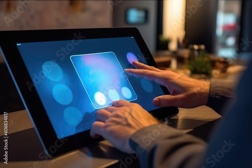 Male hands holding tablet using smart home screen, AI Generated