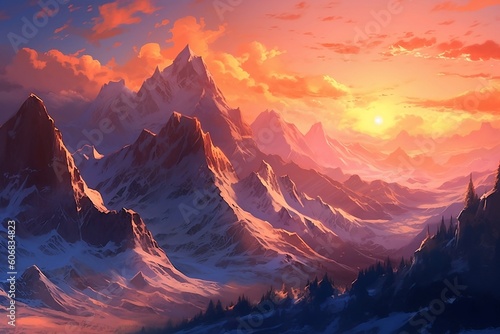 Sunrise Splendor  Majestic Mountain Peaks - Breathtaking Landscape Masterpieces - Scenery - Illustration