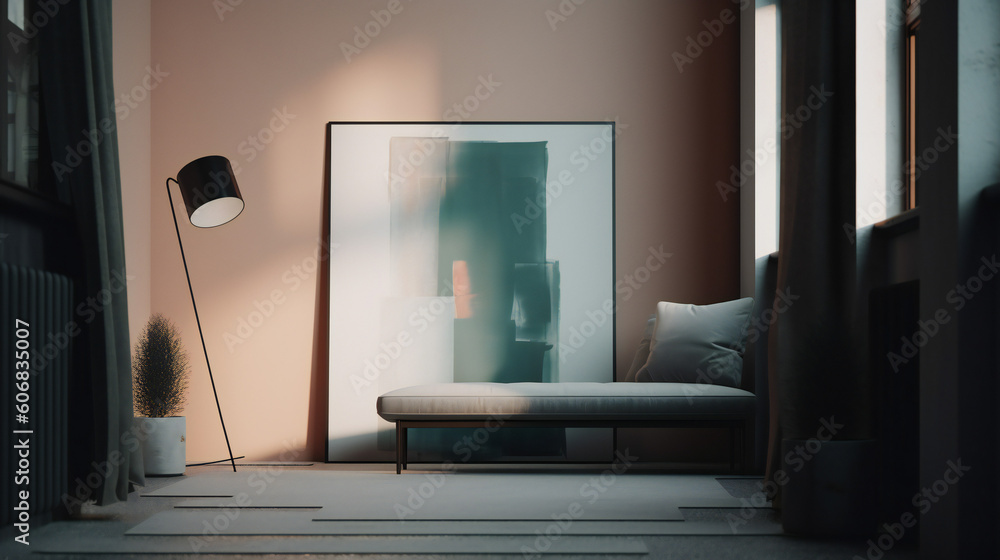 Modern Interior Design with Mockup Frame Poster, 3D Render, 3D Illustration Modern Interior Design with Mockup Frame Poster, 3D Render, 3D Illustration