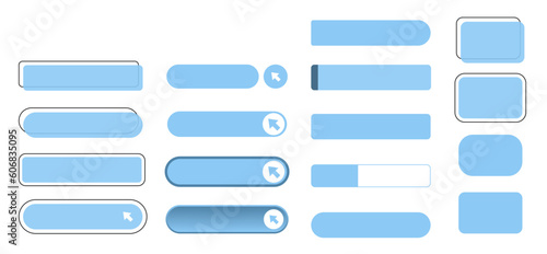 The click here is a set of simple modern buttons. Push button for an application, advertisement, store or website. Various icons for your product