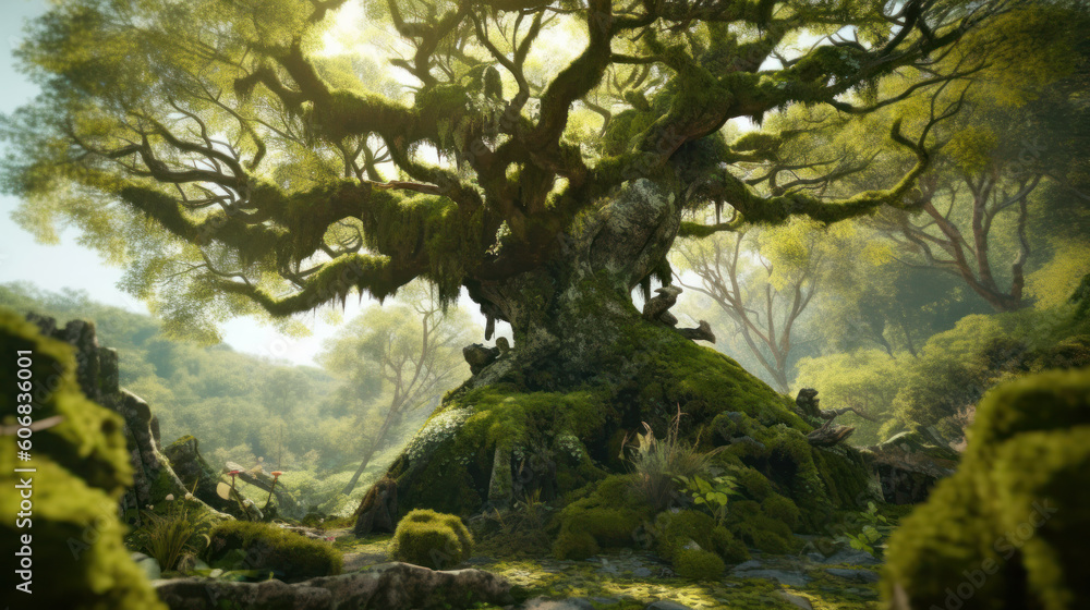 The Majesty of Time: An Ancient Oak Tree Embraced by Moss. Generative AI The Majesty of Time: An Ancient Oak Tree Embraced by Moss. Generative AI