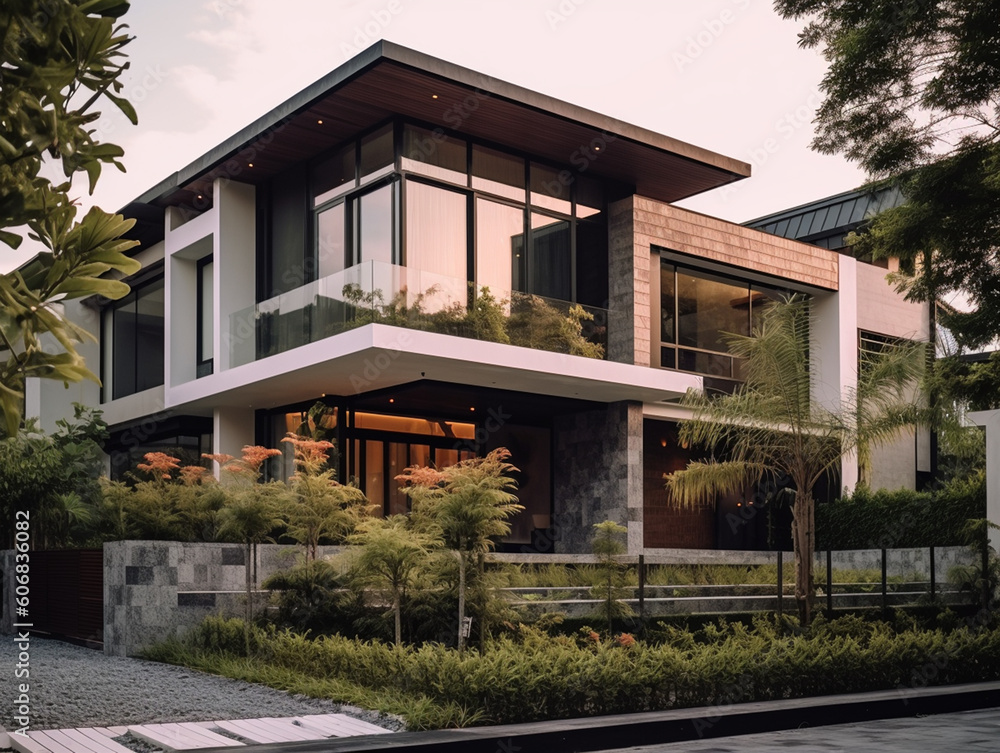 The view of the exterior facade of a modern and luxurious 2-story house decorated with a beautiful landscape around it. Has a large and wide glass window for natural lighting of the interior space.