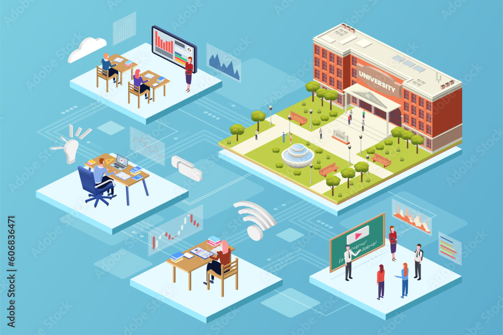 Isometric classroom. Online education. Virtual training in university. Custom teachers library. People studying. Academic building. Students at blackboard. Vector creative infographic