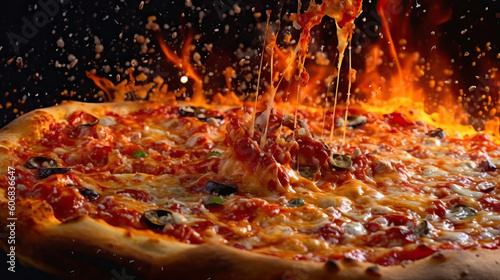 Pizza floating and cheese stretch fire on black background. Generative AI illustrations