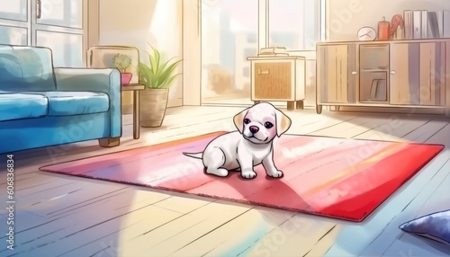 A modern apartment houses a small white French bulldog. (Watercolor style, Generative AI)
