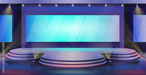 Event stage. Presentation screen for concert or conference hall. Convention or award. Auditorium room for business speaker. Empty performance podium with spotlights. Vector background