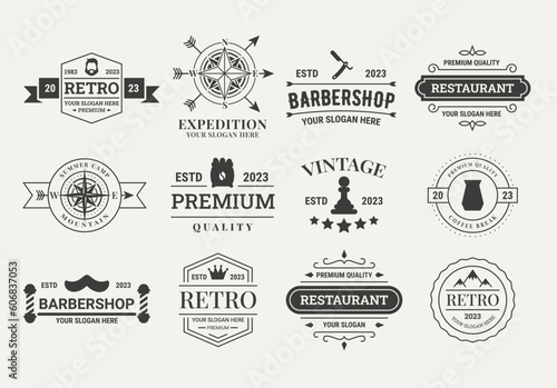 Retro logo. Hipster logotype. Vintage design labels, typography retro elements for restaurant, barbershop and travel agency, retro badge with text and ornament. Vector emblem isolated stamp