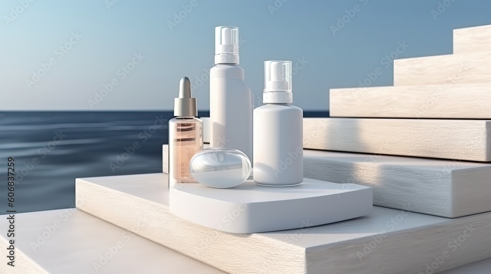 bottles, perfume, cream on the sea beach background. place for text, your design, business, summer bottles, perfume, cream on the sea beach background. place for text, your design, business, summer