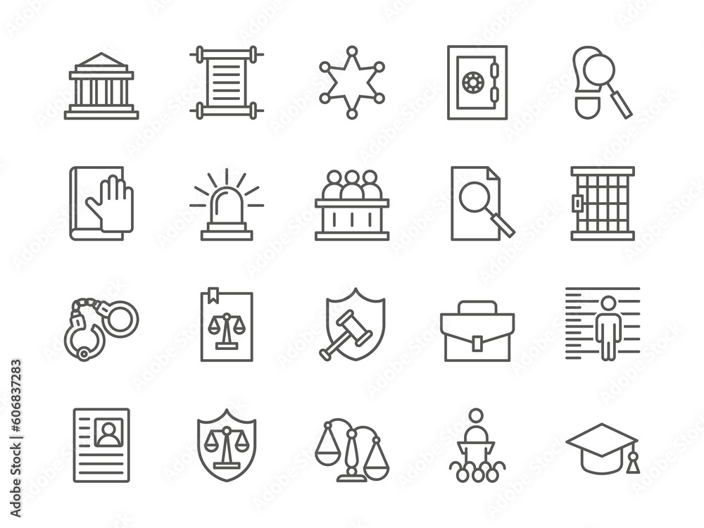 Legal line symbols. Court and government system. Attorney and judge. Security shield icons. Arrested in handcuffs. Law or justice authority. Lattice jail. Vector outline pictograms set Legal line symbols. Court and government system. Attorney and judge. Security shield icons. Arrested in handcuffs. Law or justice authority. Lattice jail. Vector outline pictograms set
