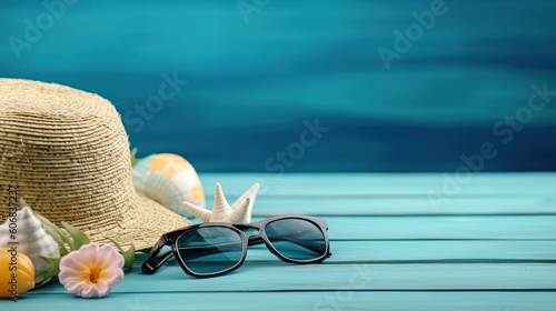 Summer hat on a blue background, sea, summer, vacation, beach