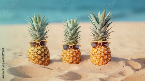 Three trendy pineapples on the beach with sunglasses. pineapple, recreation, sea, beach