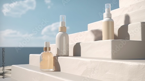 bottles, perfume, cream on the sea beach background. place for text, your design, business, summer