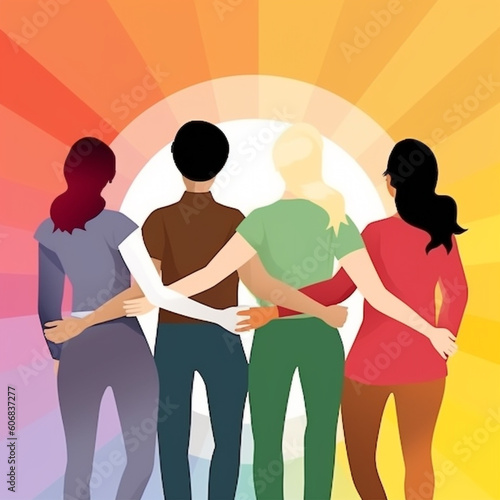 Illustration of friends holding hands, looking into a multi-colored sun. Friendship