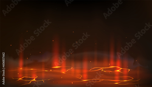 Ground crack. Volcano lava. Broken cave with hell light. Magma backdrop. Black land and fracture hole. Red burn in rock. Glow hot fissures. Volcanic terrain surface. Vector background