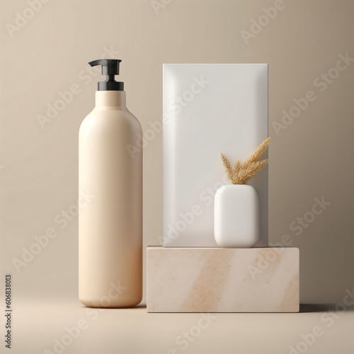 Fotobehang Composition with bottle of natural shampoo on color background