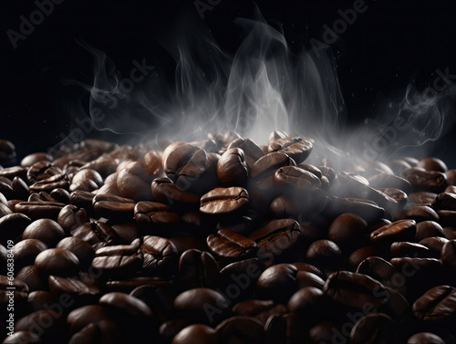 Closeup Roasted coffee beans smoke on black background. Generative AI illustrations