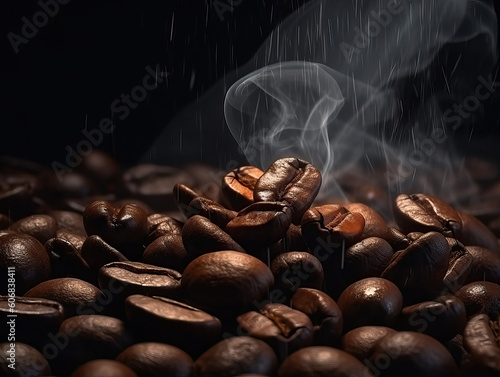 Closeup Roasted coffee beans smoke on black background. Generative AI illustrations © Nuttakarn