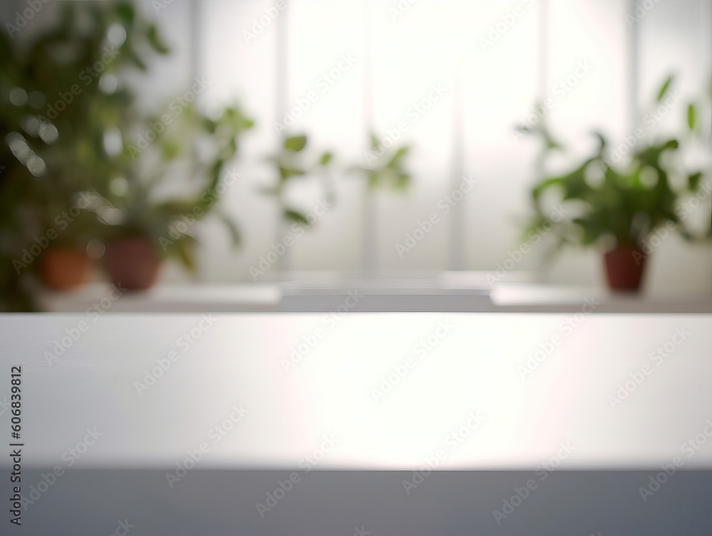 Clean top table with a leaves and plants and blur background. Generative AI illustrations Clean top table with a leaves and plants and blur background. Generative AI illustrations