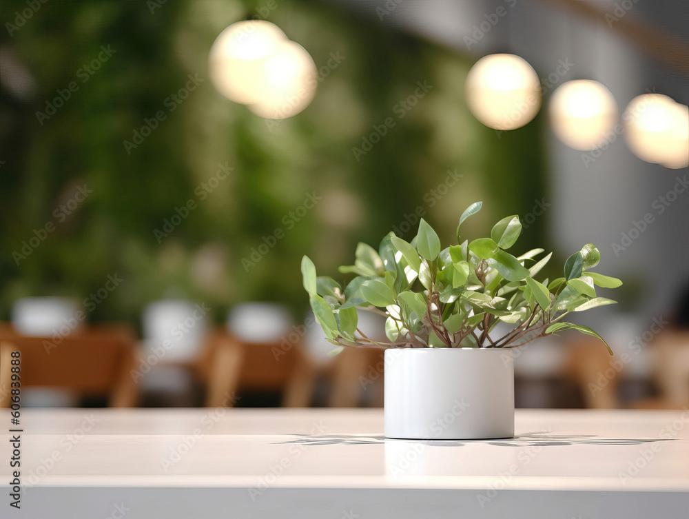 Clean top table with a leaves and plants and blur background. Generative AI illustrations Clean top table with a leaves and plants and blur background. Generative AI illustrations