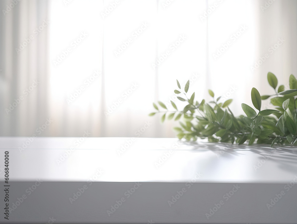 Clean top table with a leaves and plants and blur background. Generative AI illustrations Clean top table with a leaves and plants and blur background. Generative AI illustrations