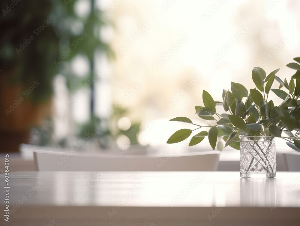 Clean top table with a leaves and plants and blur background. Generative AI illustrations Clean top table with a leaves and plants and blur background. Generative AI illustrations