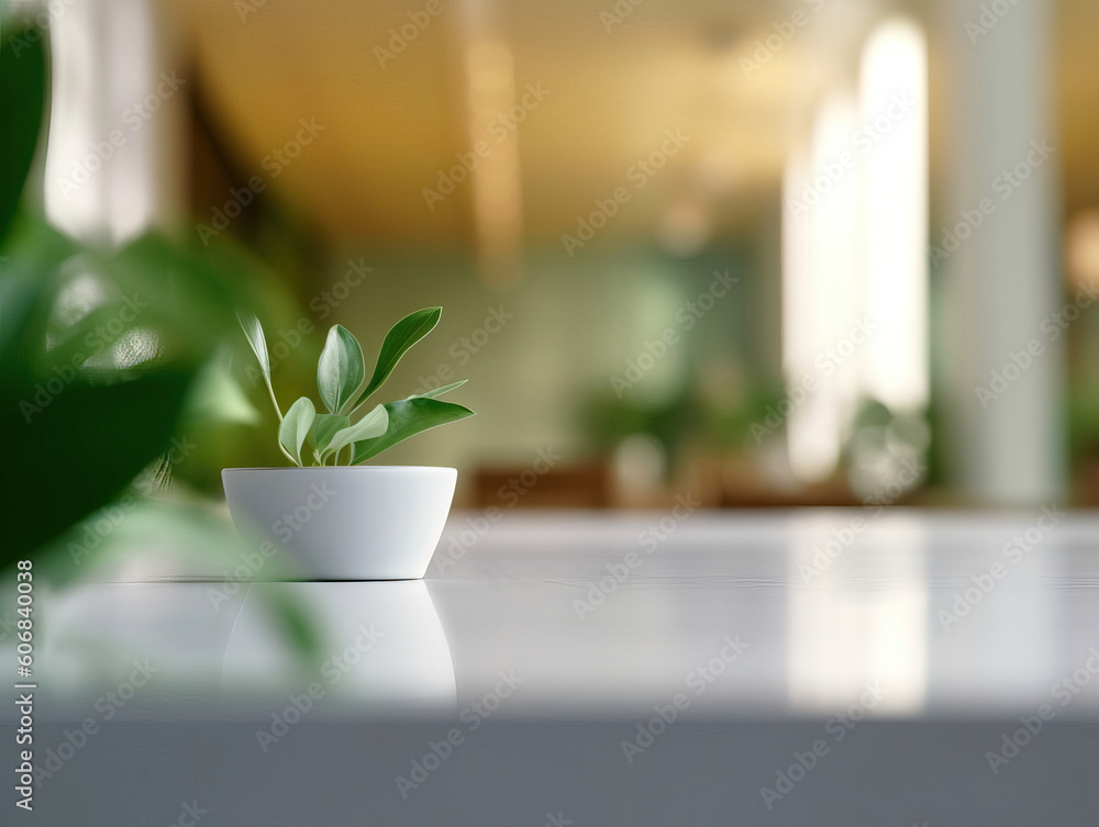 Clean top table with a leaves and plants and blur background. Generative AI illustrations