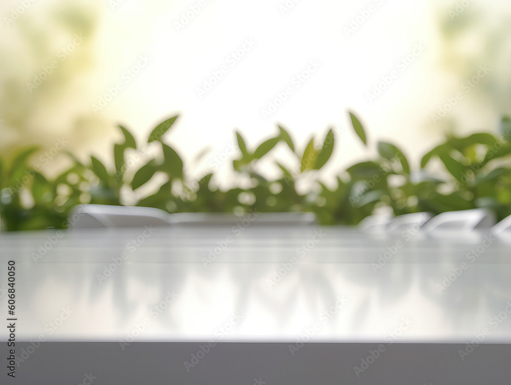 Clean top table with a leaves and plants and blur background. Generative AI illustrations Clean top table with a leaves and plants and blur background. Generative AI illustrations