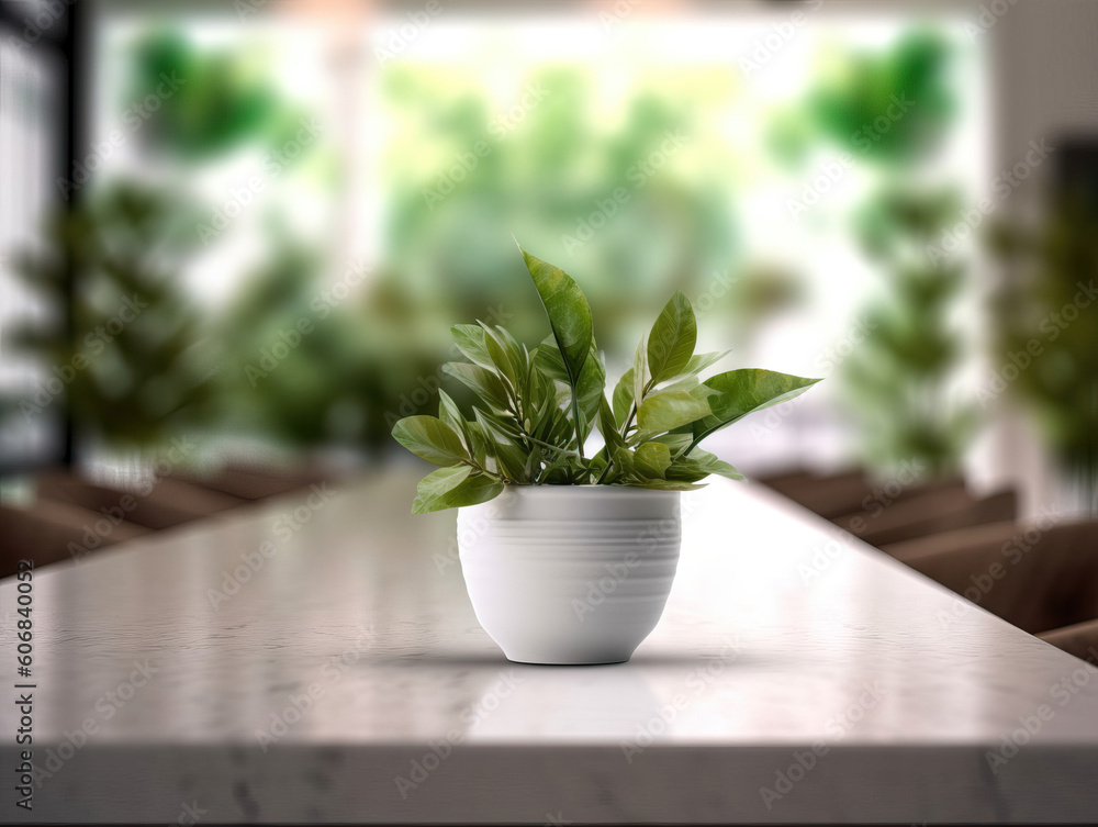 Clean top table with a leaves and plants and blur background. Generative AI illustrations Clean top table with a leaves and plants and blur background. Generative AI illustrations
