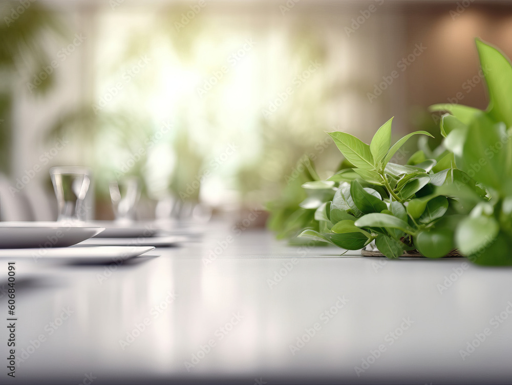 Clean top table with a leaves and plants and blur background. Generative AI illustrations