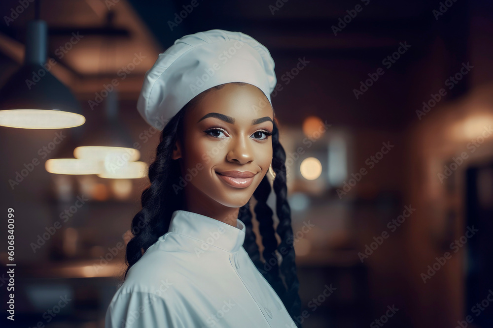 Generative AI illustration of Beautiful Black young woman dressed as a cook showing food in her hand Generative AI illustration of Beautiful Black young woman dressed as a cook showing food in her hand