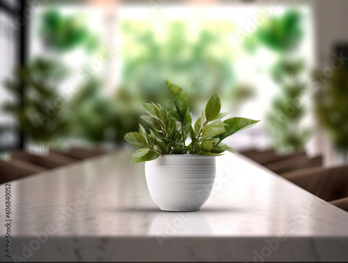 Clean top table with a leaves and plants and blur background. Generative AI illustrations