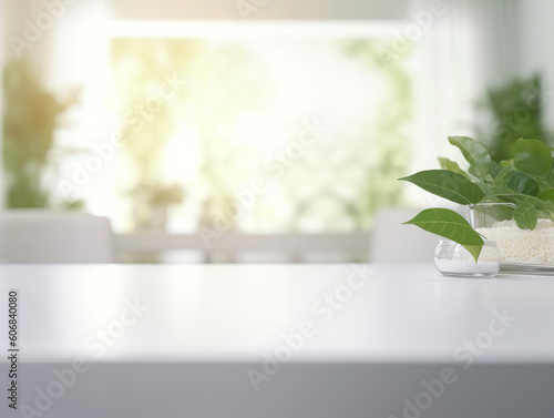 Clean top table with a leaves and plants and blur background. Generative AI illustrations