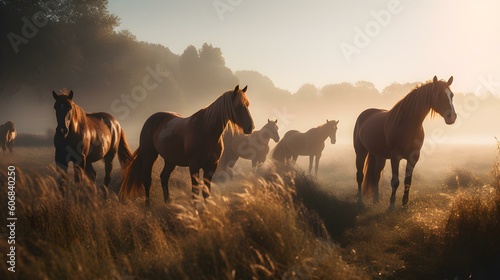 Portrait of a Group of Horses on a Field