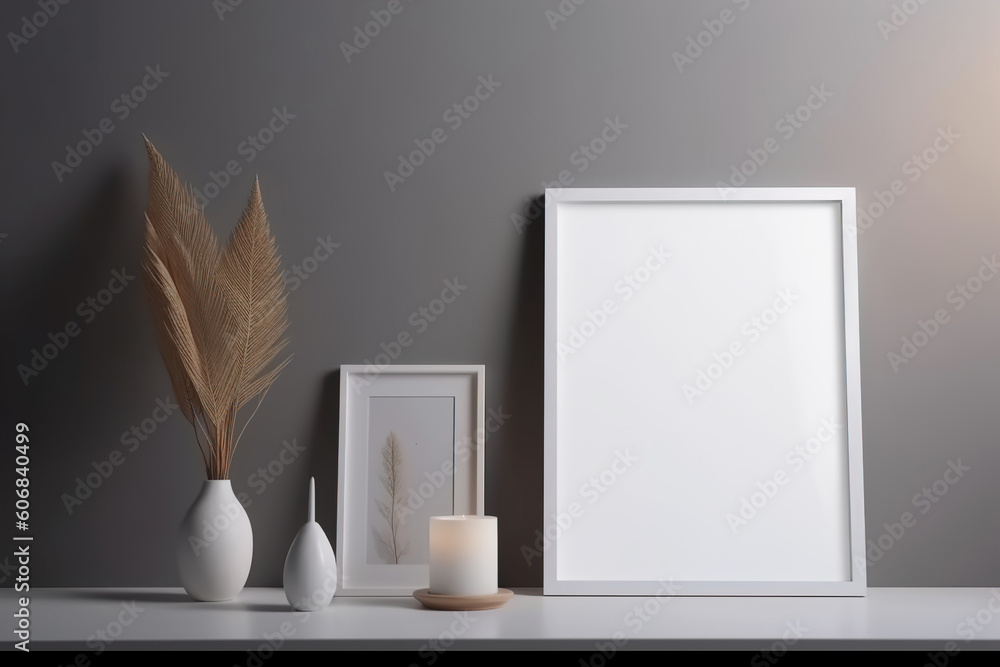 Blank vertical picture frame mockup in room. Contemporary, modern style. Empty space for artwork, poster. White frame mock up, template. Close up view. Generative AI. Blank vertical picture frame mockup in room. Contemporary, modern style. Empty space for artwork, poster. White frame mock up, template. Close up view. Generative AI.