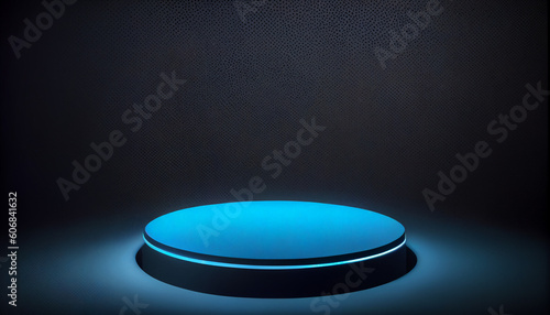 Blue light round podium and black background for mock up Ai generated image