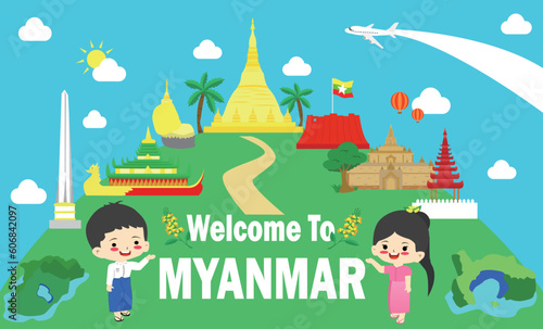 Myanmar Travel poster or postcard promoting world famous landmarks with the temple of Bagan, Myanmar design vector illustration.