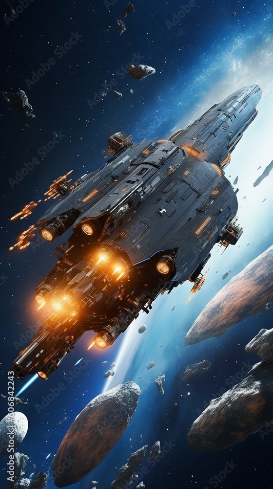 Futuristic Spaceship Soaring through an Asteroid Field. Generative ai Futuristic Spaceship Soaring through an Asteroid Field. Generative ai
