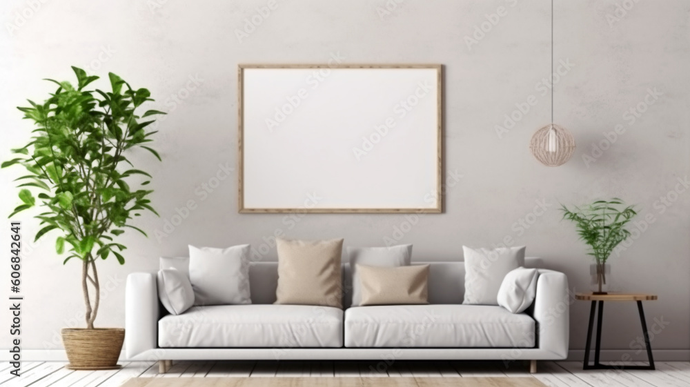 Interior design of a living room with a sofa, a painting and lamps Interior design of a living room with a sofa, a painting and lamps