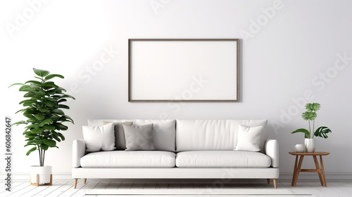 Interior design of a living room with a sofa  a painting and lamps