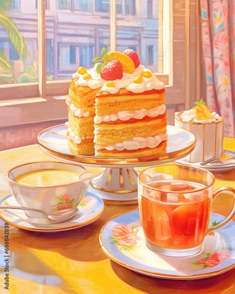 A vertical poster background of lemon cake photographed over afternoon tea. (Generative AI)