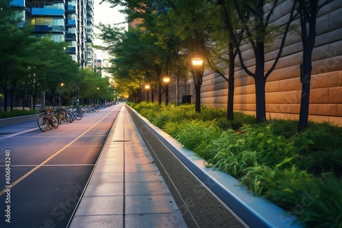 Sustainable City Street Infrastructure with Bike Lanes and Green Spaces. Generative ai