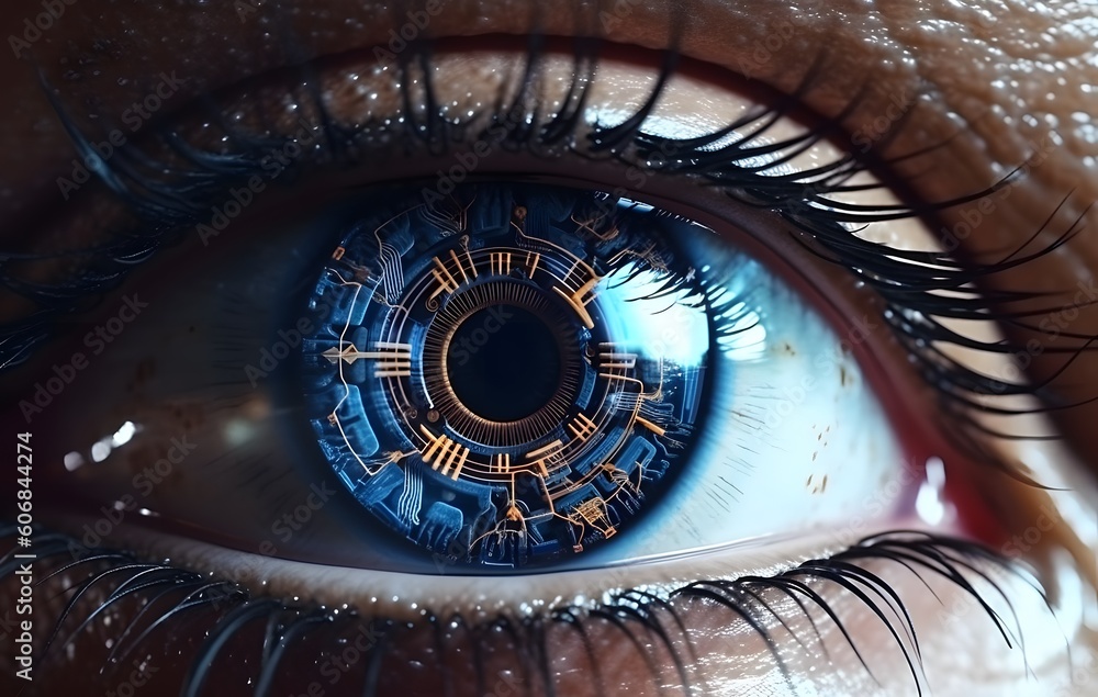 Sci-fi Futuristic Cyborg. Woman's eye with Bionic Technology. Smart contact lens with  biometric retina implants. Generative Ai.
