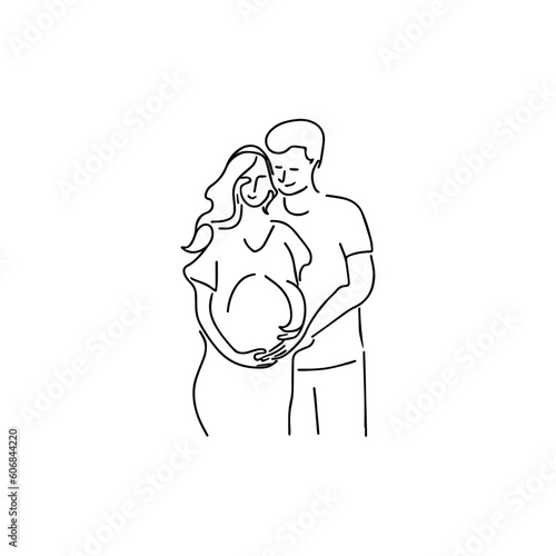 Vector illustration. Silhouette of a pregnant woman with her husband. One line art.