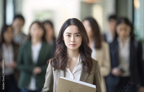 Young beautiful Asian female manager in elegant business suit. Generative Ai. Looking forward.
