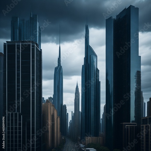 A modern city with high and blue towers and a gray cloudy sky