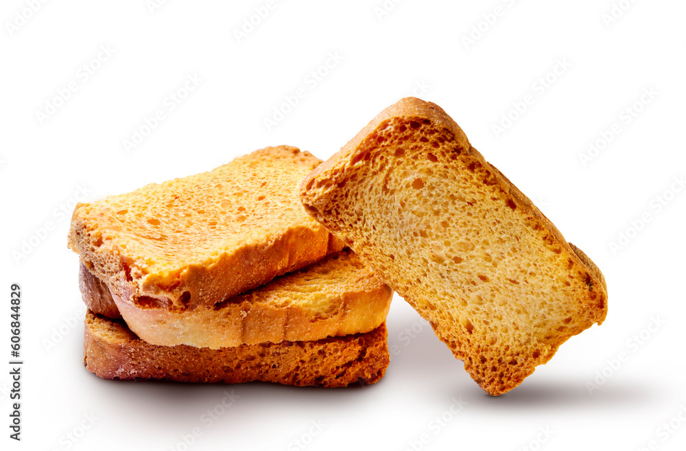 crispy rusk, cake rusk, rava rusk is white background or Crunchy Rusk or Toast for healthy life. cardamom rusk Crunchy Rusk.Toast on isolated on white background. High resolution image Сomposition